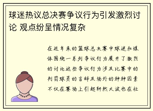 球迷热议总决赛争议行为引发激烈讨论 观点纷呈情况复杂