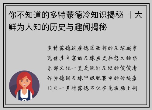 你不知道的多特蒙德冷知识揭秘 十大鲜为人知的历史与趣闻揭秘