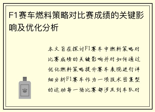 F1赛车燃料策略对比赛成绩的关键影响及优化分析