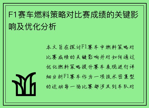 F1赛车燃料策略对比赛成绩的关键影响及优化分析