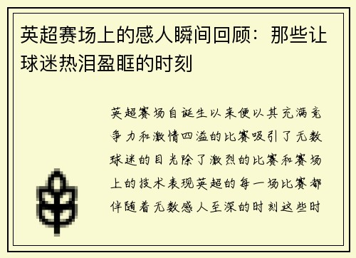 英超赛场上的感人瞬间回顾：那些让球迷热泪盈眶的时刻