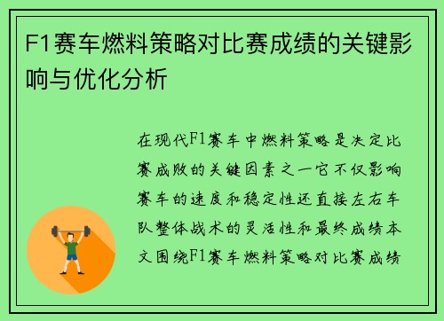 F1赛车燃料策略对比赛成绩的关键影响与优化分析